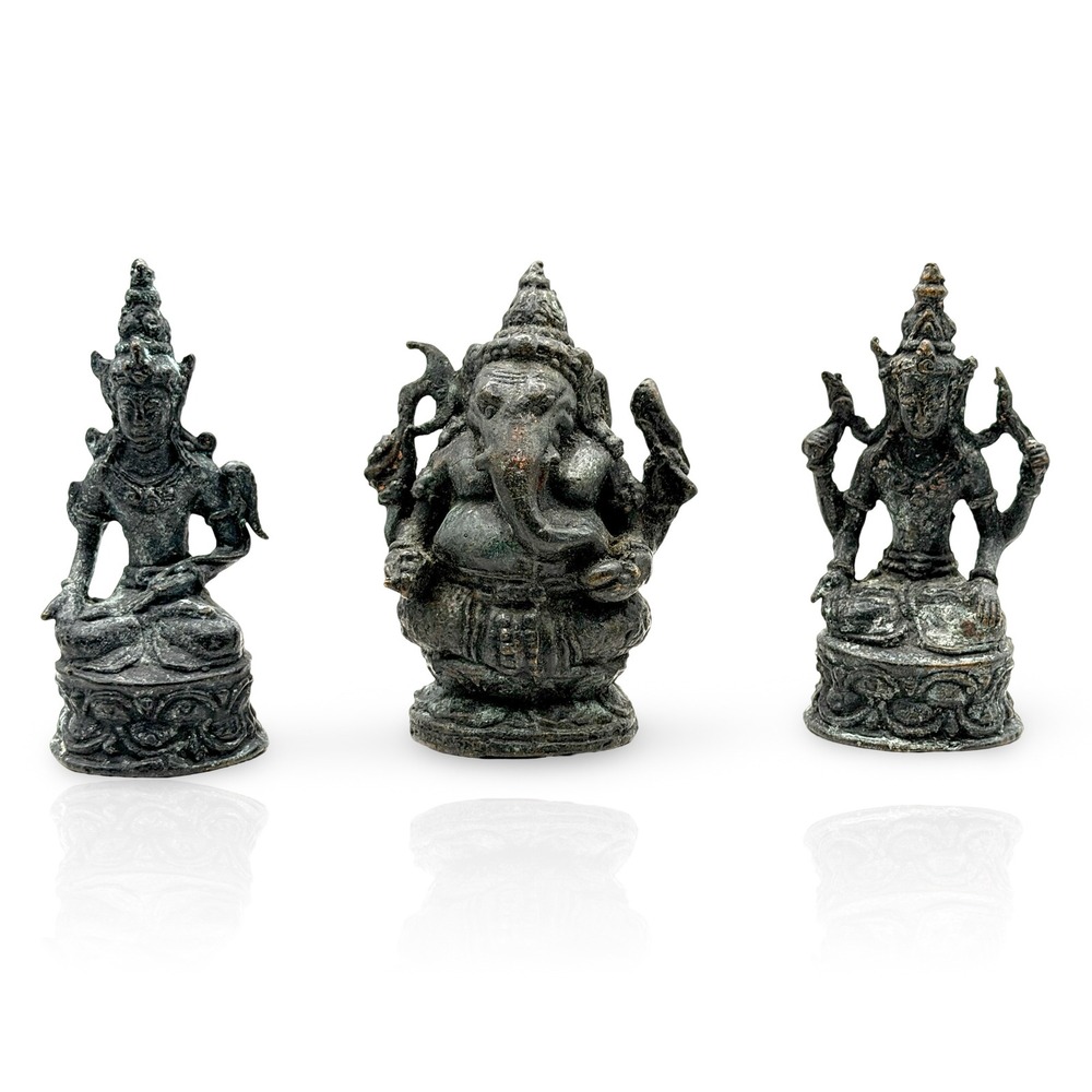 Vintage Thai Bronze Ganesha Vishnu Deity Statue Set 4" Sacred Altar Thailand